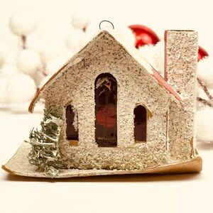 Vintage White Putz Christmas Village House Coconut Snow Loofa Bushes Chimney